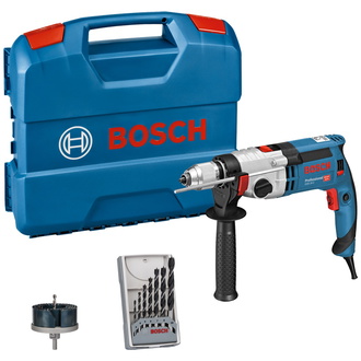 Bosch Schlagbohrmaschine GSB 24-2 mit L-Case, Zubehör, 7-tlg. Holzbohrerset, Lochsägeset