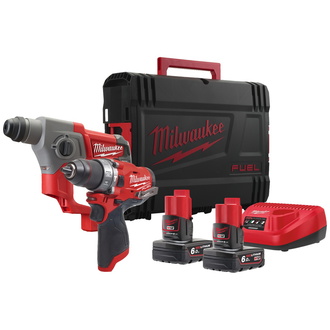 Milwaukee M12 Powerpack FPP2B-602X: Akku-Schlagbohrschrauber + Akku-Bohrhammer, incl. 2x Akku 6 Ah, Ladgerät, HD Box