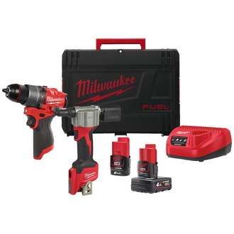 Milwaukee M12 Powerpack M12 FPP2D2-422X: Akku-Schlagbohrschrauber, Akku-Blindnietgerät, 2x Akku 2 / 4 Ah, Ladegerät, HD Box