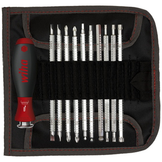 Wiha Schraubendreher mit Wechselklingen Set SYSTEM 6, 12 -tlg. für tiefliegende Schrauben, Innensechskant/Kreuz/Torx/Schlitz inkl. Rolltasche