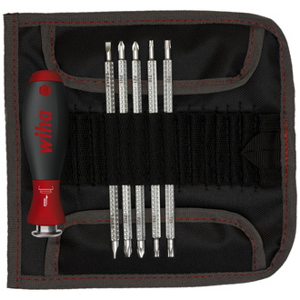 Wiha Schraubendreher mit Wechselklingen Set SYSTEM 6, 7 -tlg. für tiefliegende Schrauben, Innensechskant/Kreuz/Torx/Schlitz inkl. Rolltasche