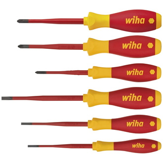 Wiha Schraubendreher Set SoftFinish electric slimFix, 6 -tlg., Schraubenzieher Satz VDE für Elektriker, für tiefliegende Schrauben, Schlitz/ Phillips/