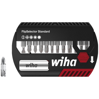 Wiha Bit Set FlipSelector Standard 13-tlg., 25 mm gemischt 1/4", magnetischer Bithalter, Öffnen per Knopfdruck