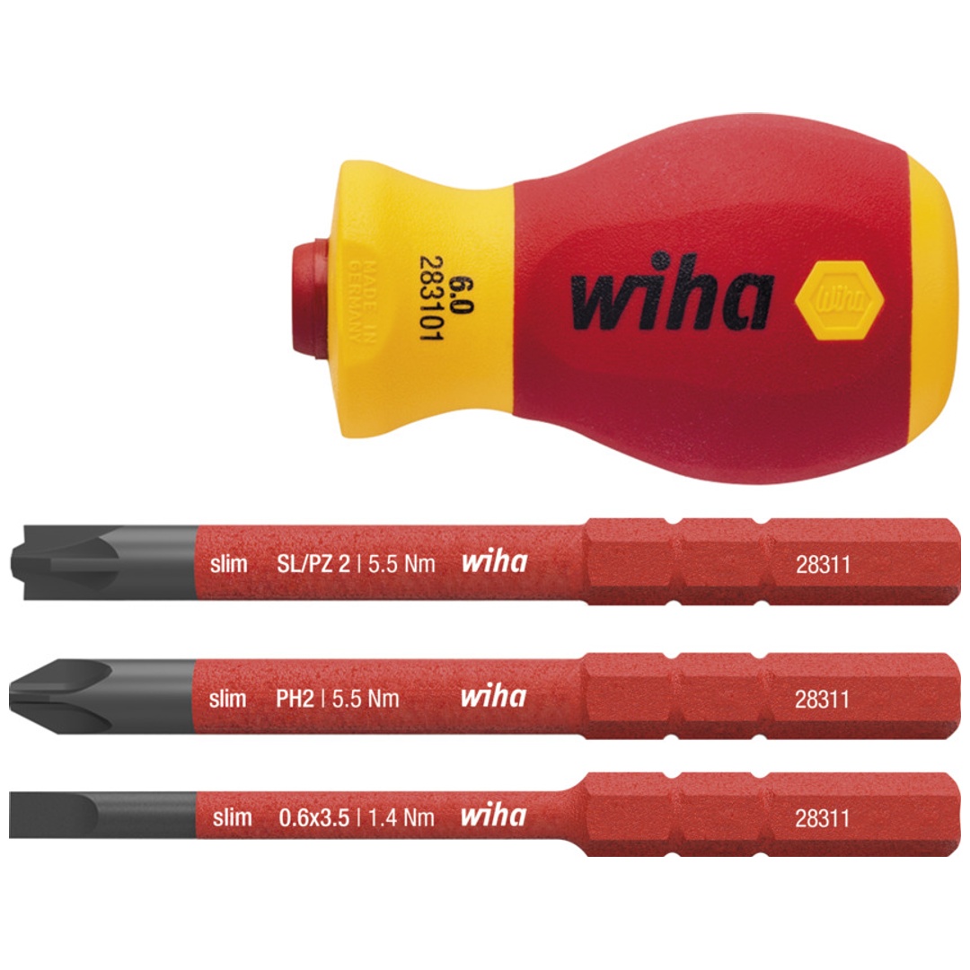 Wiha Stubby-Schraubendreher Set slimVario electric Schlitz, Phillips, PlusMinus Pozidriv mit 3 slimBits