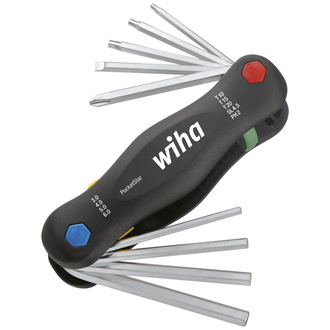 Wiha Multitool PocketStar Innen-Sechskant, Schlitz, Phillips, Torx 9-tlg., per Tastendruck schneller Zugriff, als Längs- und Quergriff einsetzbar, all