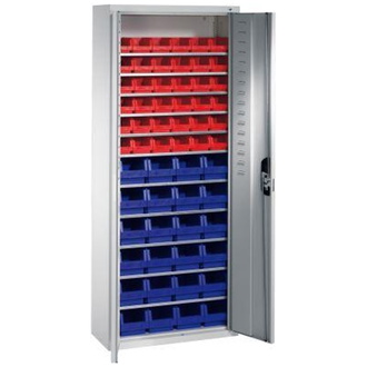 C+P Möbelsysteme Lager-Regalschrank B700xT300xH1690 mm RAL 7035 mit Türen 11 Fachböden, 60 Kästen