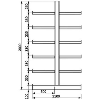 META-Regalbau Kragarmregal ATLAS ST B2700xT2x500xH2000 mm doppelseitig RAL 5010 2x5 Arme Traglast 200kg