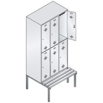 C+P Möbelsysteme Garderobenschrank ClassicB900xT500xH2090 mm RAL 7035, 3x2 Abteile mit untergeb. Sitzbank