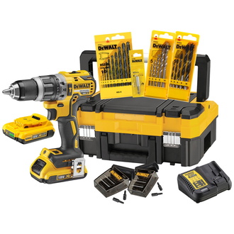 DeWalt Akku-Schlagbohrschrauber-Set 18 V 2 (BL), incl. 2x Akku 2 Ah, Schnellladegerät, Zubehör, Bohrer-/Bits-Sets, TSTAK-Box