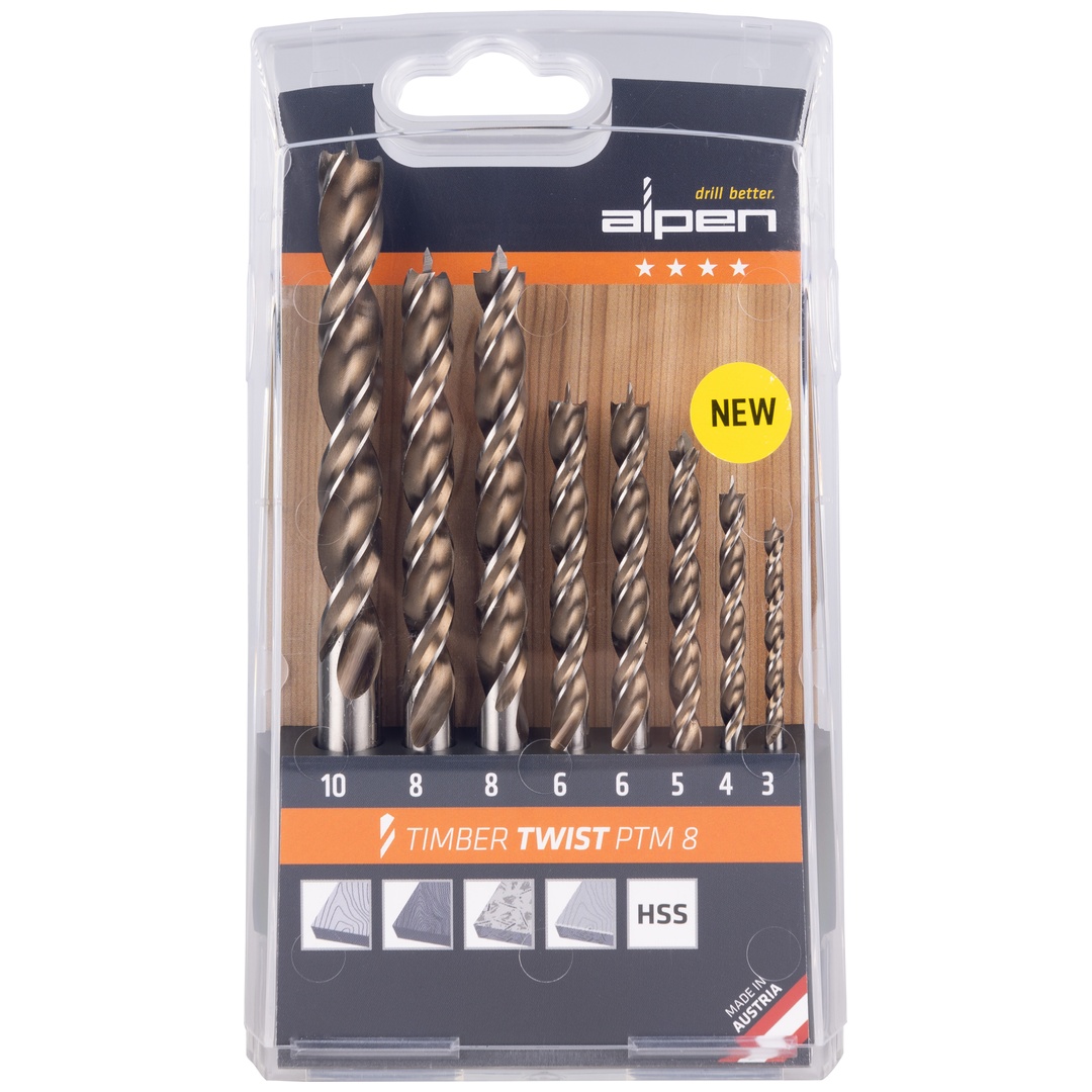 Alpen-Maykestag HSS Maschinen-Holzspiralbohrer TIMBER TWIST PTM 8, Kassette 8-tlg., 1x Ø 3, 4, 5, 10 mm, 2x Ø 6, 8 mm