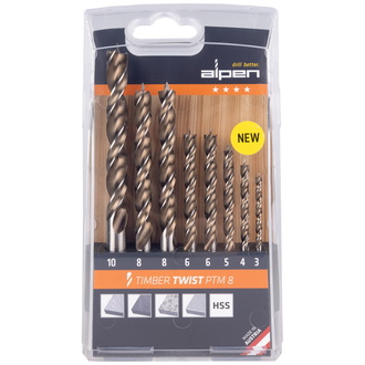 alpen HSS Maschinen-Holzspiralbohrer TIMBER TWIST PTM 8, Kassette 8-tlg., 1x Ø 3, 4, 5, 10 mm, 2x Ø 6, 8 mm