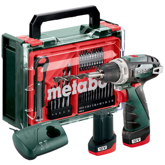 Metabo Akku-Bohrschrauber PowerMaxx BS Basic Set, incl. 2x Akku Li-Power 2 Ah, Ladegerät, Zubehör-Set, Kunststoffkoffer