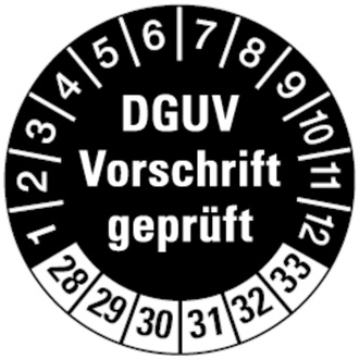 Prüfplakette DGUV Vorschrift geprüft schwarz/weiß, ab 2 - 30 mm, Folie selbstklebend