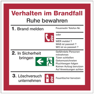 Verhalten im Brandfall für Rettungspläne - 200x200 mm, Folie selbstklebend