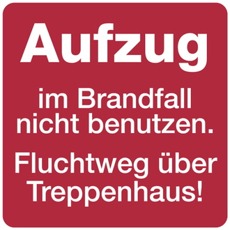 Hinweisschild, Aufzug im Brandfall nicht benutzen - 200x200x0.45 mm Aluminium geprägt