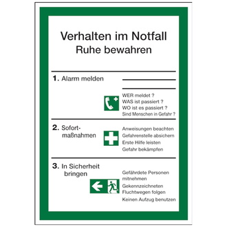 Aushang, Verhalten im Notfall - ISO 7010 - 210x297x1.5 mm Kunststoff