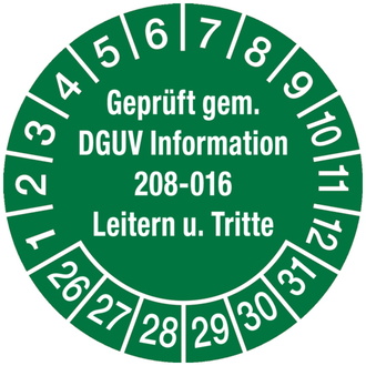 Prüfplakette ab 26 geprüft gem. DGUV Information 208-01 - 30 mm, Folie selbstklebend