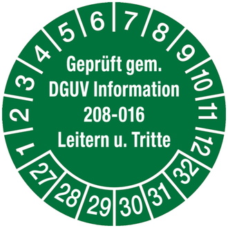 Prüfplakette ab 27 geprüft gem. DGUV Information 208-01 - 30 mm, Folie selbstklebend