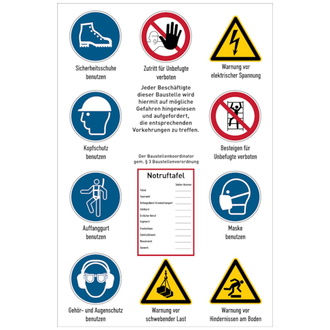 Baustellenschild, Hinweise gem. ISO 7010 + Notruftafel - 400x600x2 mm Aluverbund