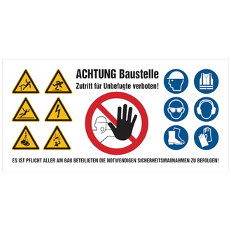 Baustellenbanner, ACHTUNG Baustelle Zutritt für Unbefugte verboten - 1000x500 mm PVC-Gewebeplane