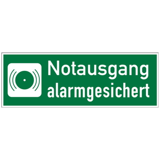 Rettungszeichen, Notausgang alarmgesichert - 300x105 mm, Folie selbstklebend, lnl