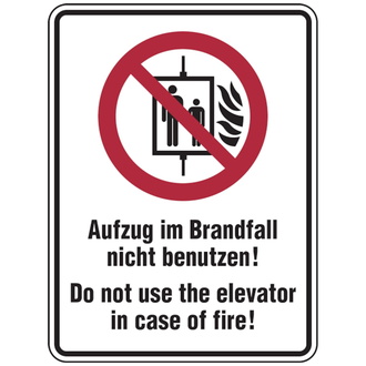 Kombischild, Aufzug im Brandfall nicht benutzen, D - 100x150 mm, Folie selbstklebend