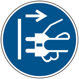 Gebotsschild, Netzstecker ziehen M006 - ASR A1.3 (DIN - 100 mm, Folie selbstklebend