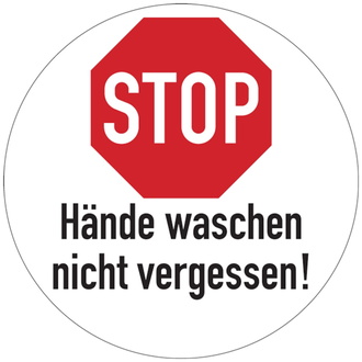 STOP Hände waschen nicht vergessen! Schriftart: Standa - 100 mm, Folie selbstklebend