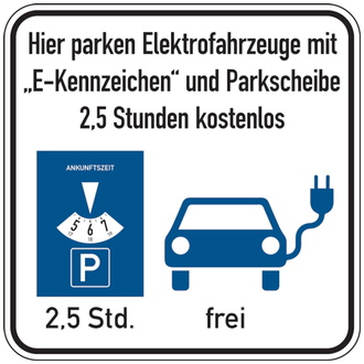 Parkplatzschild, Elektrofahrzeuge mit Parkscheibe, 30 - 300x300x2 mm Aluverbund