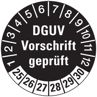 Prüfplakette DGUV Vorschrift geprüft schwarz/weiß, ab 2 - 30 mm, Folie selbstklebend