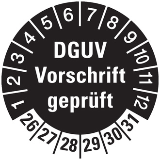 Prüfplakette DGUV Vorschrift geprüft schwarz/weiß, ab 2 - 30 mm, Folie selbstklebend