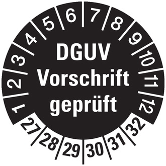 Prüfplakette DGUV Vorschrift geprüft schwarz/weiß, ab 2 - 30 mm, Folie selbstklebend