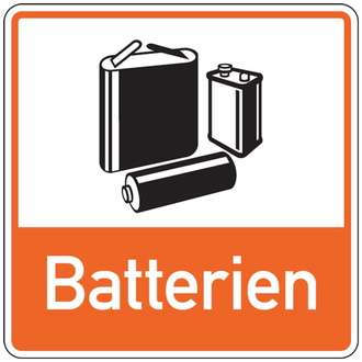 Recycling-Schild Symbol+Text Batterien - 100x100 mm, Folie selbstklebend