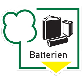 Recycling-Schild Symbol+Text Batterien - 125x108 mm, Folie selbstklebend