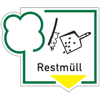 Recycling-Schild Text+Bild Restmüll - 125x108 mm, Folie selbstklebend