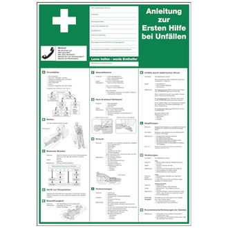 Aushang, Anleitung zur Ersten Hilfe bei Unfällen, 410x595x1.5 mm Kunststoff