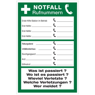 Aushang, Notfall Rufnummern - 200x300 mm, Folie selbstklebend