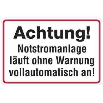 Hinweisschild, Achtung! Notstromanlage - 300x200x0.45 mm Aluminium geprägt