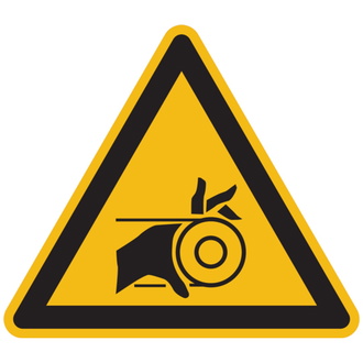 Warnschild, Warnung vor Handverletzung durch Riemenant - 100 mm, Folie selbstklebend