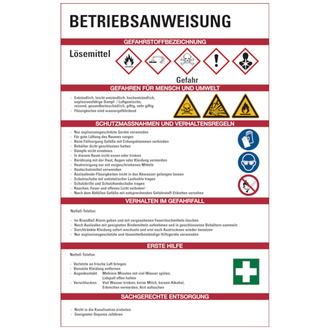 Aushang, Betriebsanweisungen für Lösemittel - GHS/I - 200x300x1.5 mm Kunststoff