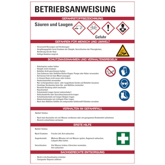 Aushang, Betriebsanweisung für Säuren Laugen - GH - 200x300x1.5 mm Kunststoff