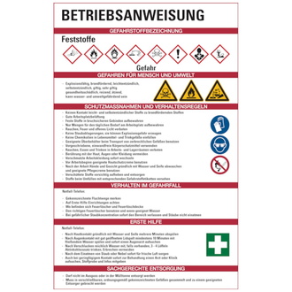 Aushang, Betriebsanweisung für Feststoffe - GHS/ISO - 200x300x1.5 mm Kunststoff