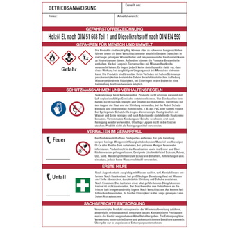 Aushang, Betriebsanweisung für Heizöl EL und Diesel - 200x300x1.5 mm Kunststoff