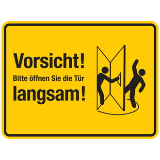 Vorsicht! Bitte öffnen Sie die Tür langsam! links, - 200x150 mm, Folie selbstklebend