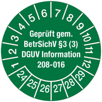 Prüfplakette ab 24 geprüft gem. BetrSichV §3 (3) DGUV I - 30 mm, Folie selbstklebend