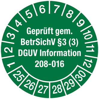 Prüfplakette ab 25 geprüft gem. BetrSichV §3 (3) DGUV I - 30 mm, Folie selbstklebend