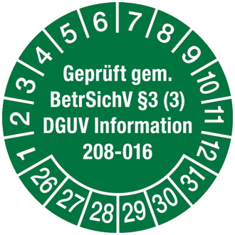 Prüfplakette ab 26 geprüft gem. BetrSichV §3 (3) DGUV I - 30 mm, Folie selbstklebend