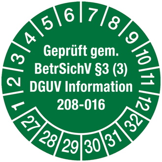 Prüfplakette ab 27 geprüft gem. BetrSichV §3 (3) DGUV I - 30 mm, Folie selbstklebend