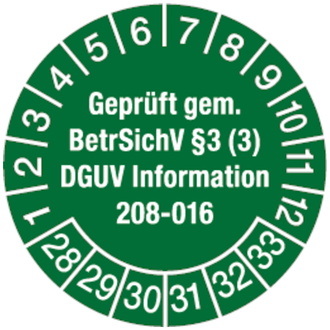 Prüfplakette ab 28 geprüft gem. BetrSichV §3 (3) DGUV I - 30 mm, Folie selbstklebend