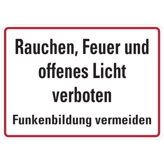 Hinweisschild, Rauchen, Feuer und offenes Licht verboten - 350x250x0.45 mm Aluminium geprägt